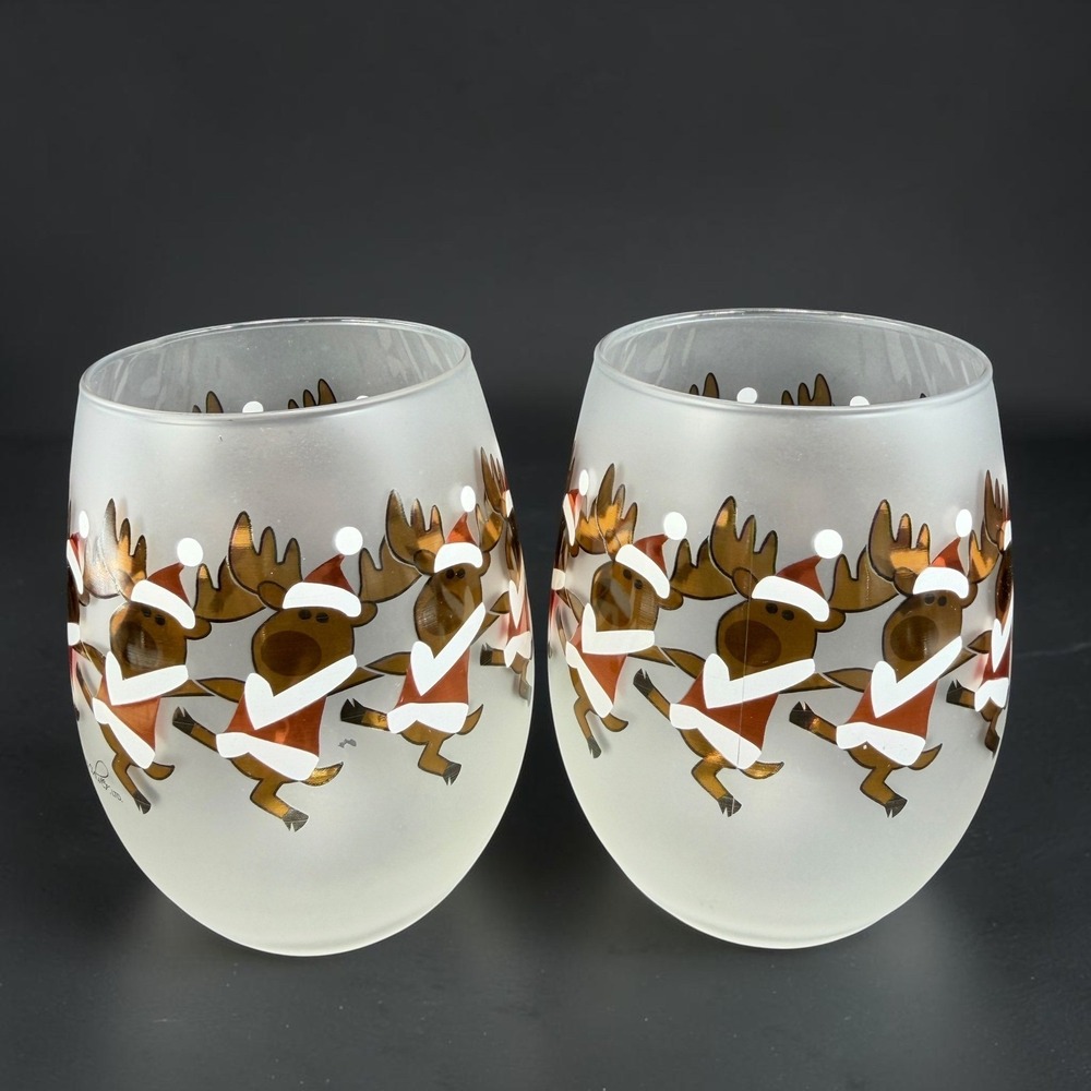 Culver Ltd Frosted Stemless Wine Glasses Dancing Reindeer Christmas Set of 2